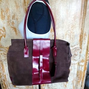 Newport News Brown Suede Tote with Burgundy Leather Trim